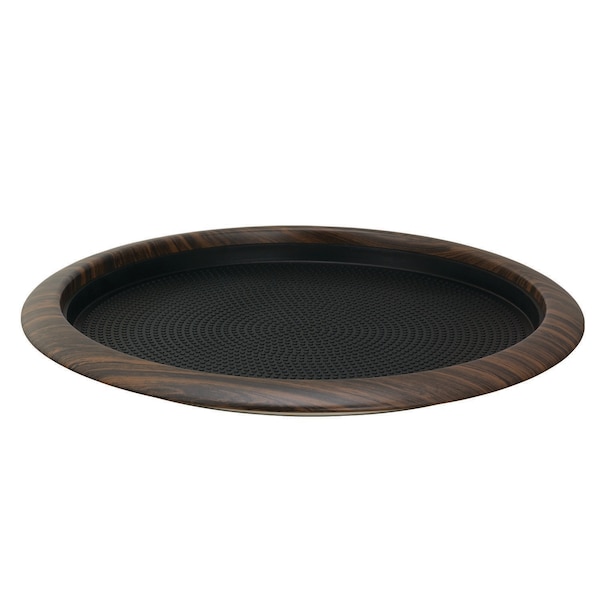 Tray with Removable Insert, 12" Round, Stainless Steel, Dark Wood